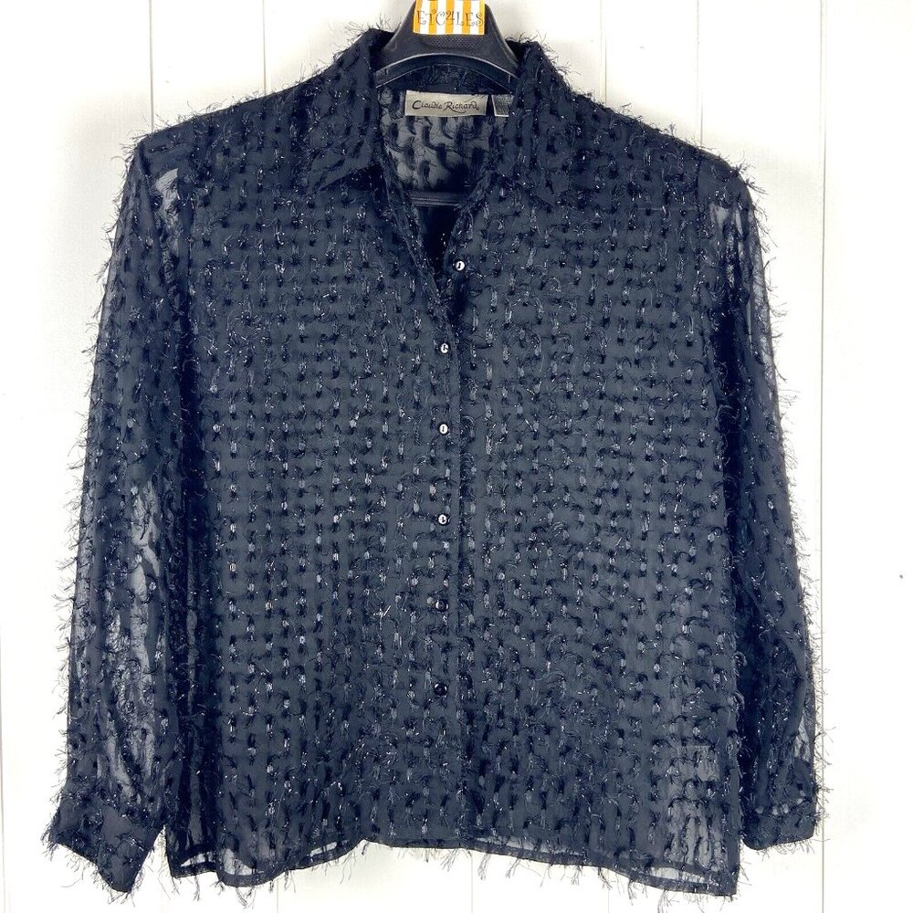 Claudia Richard Blouse Sheer Black Long Sleeves Button Up Shinny Accents Size L